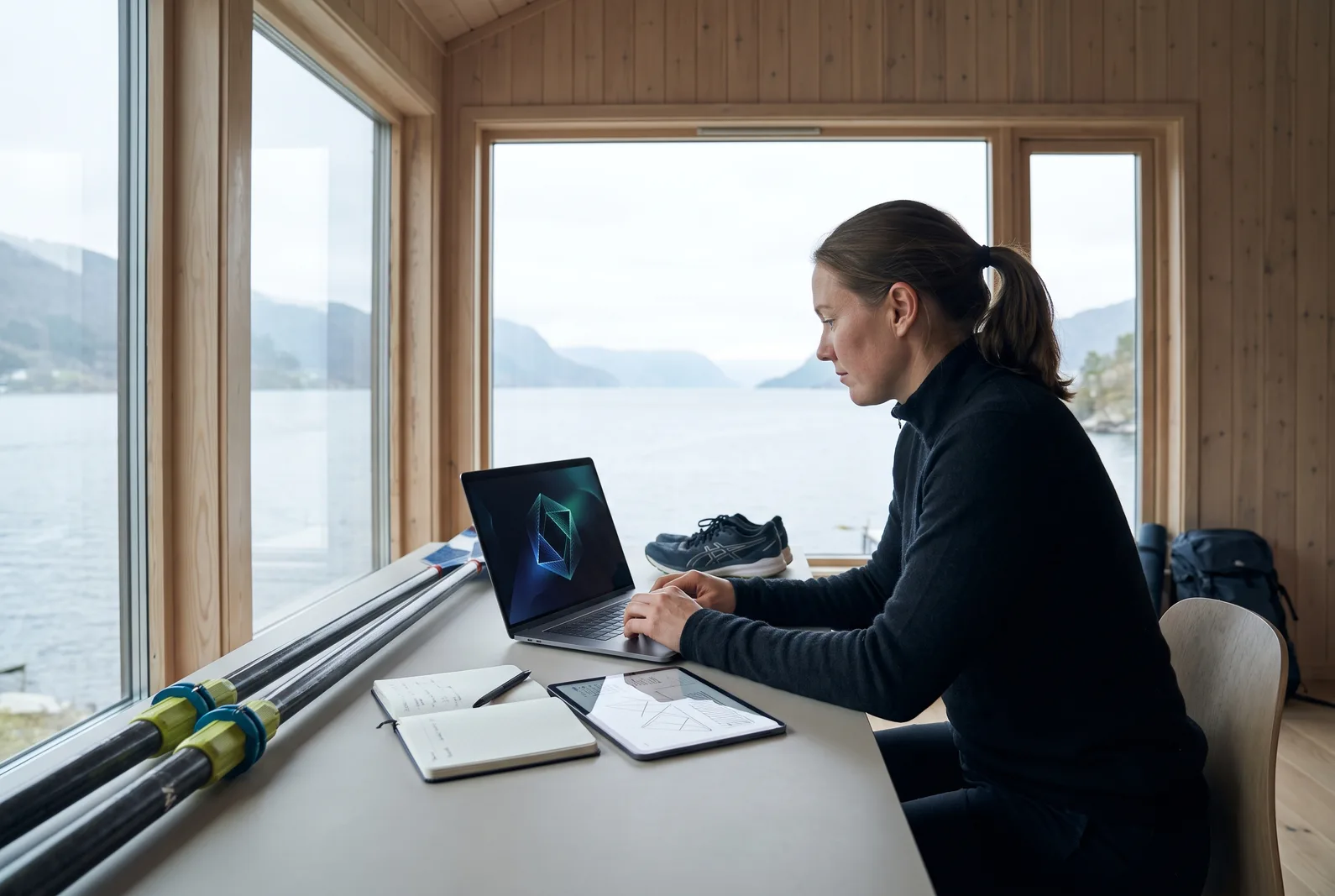 Utøver lærer grunnleggende kunstig intelligens med laptop og sportsutstyr i nærheten