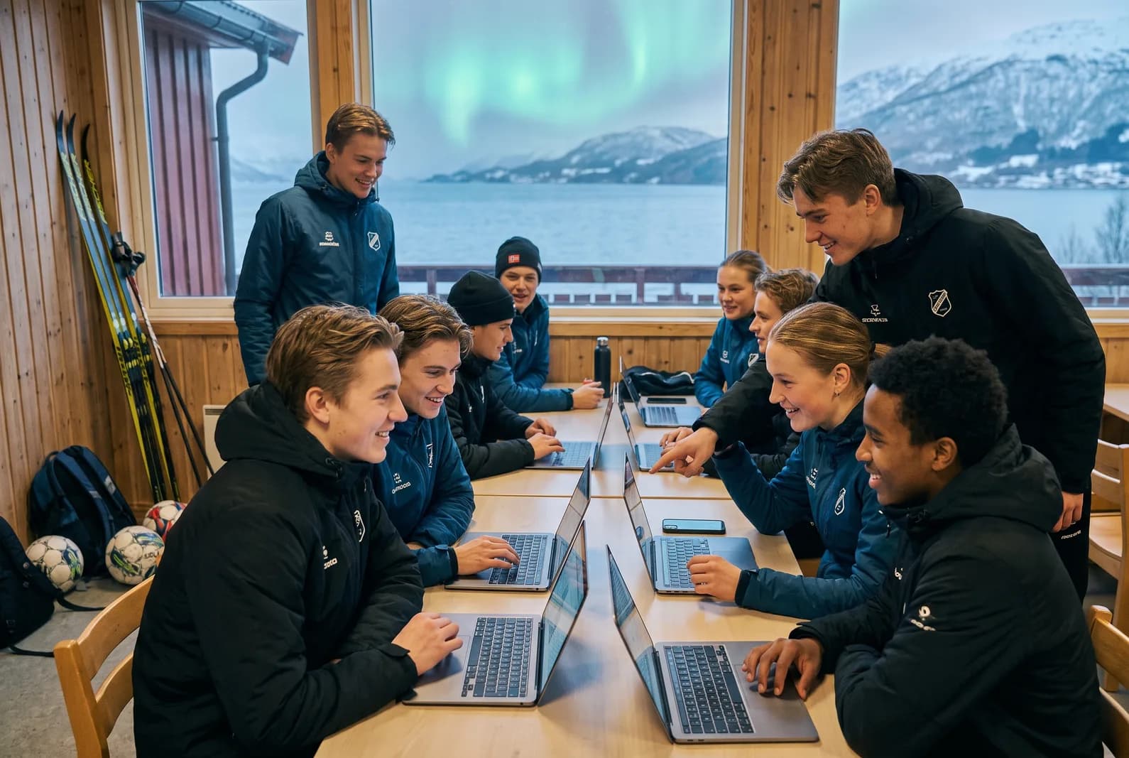 Idrettsutøvere utforsker praktiske digitale verktøy sammen i et nordisk klubbhus