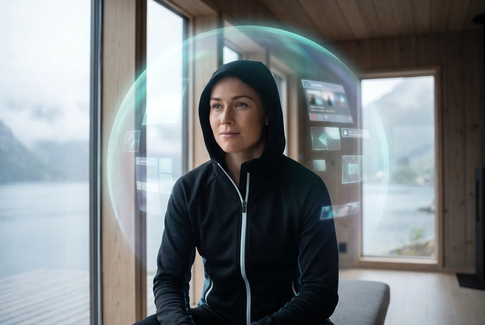 Utøver arbeider med digital omdømmeanalyse ved et skrivebord med utsikt over fjorden