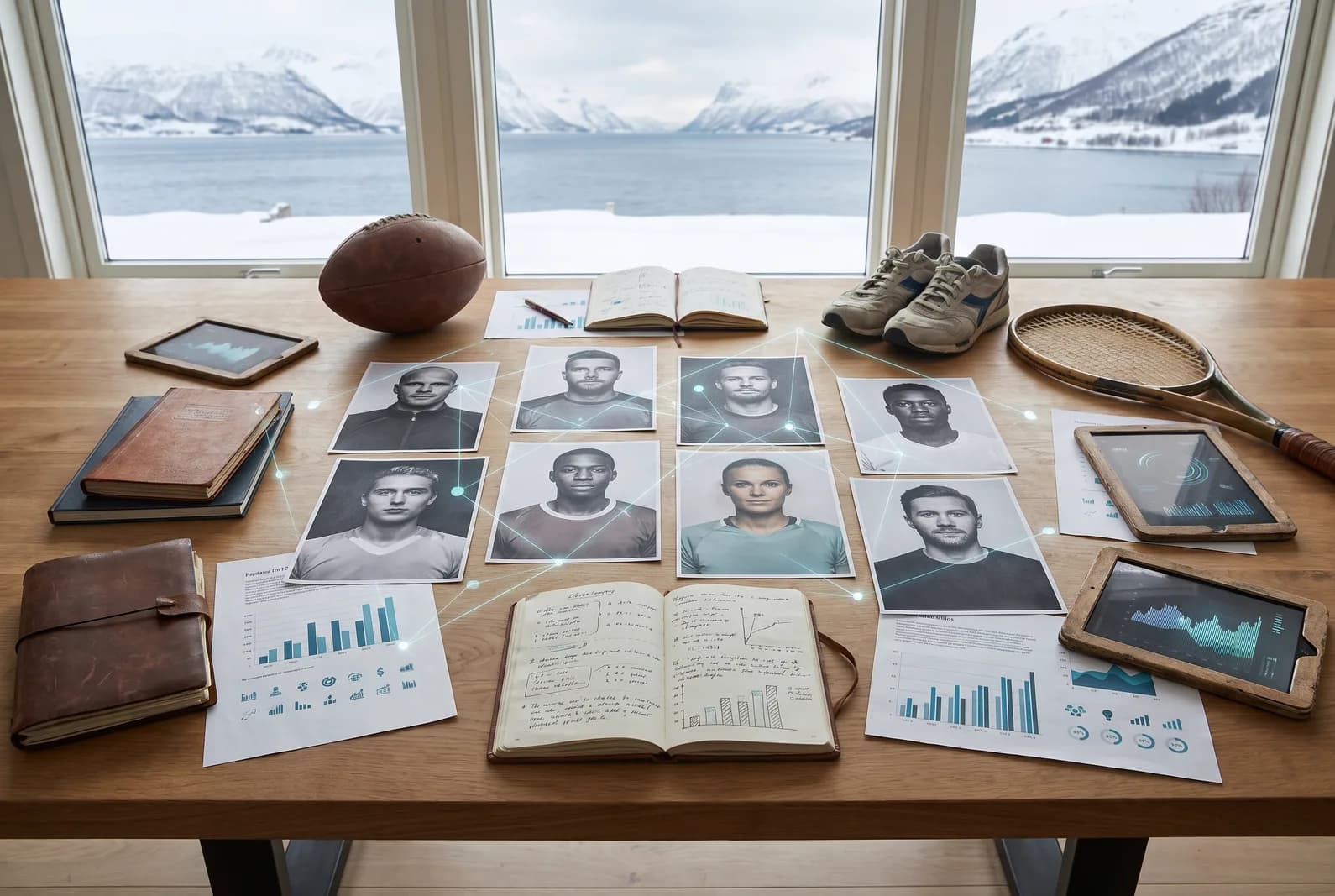 Utøver i refleksjon omgitt av et diskret digitalt datalandskap